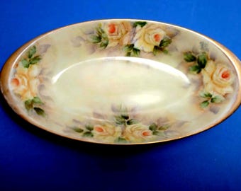 Vintage Yellow Roses Celery Dish with Gold Trim/Unmarked Floral Relish Serving Dish/Cottagecore Table Decor/ 8.25" Long