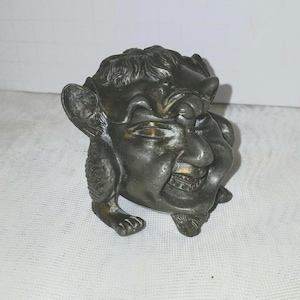 Vintage Brass Demon Inkwell - Gothic Devil Face with Hinged Lid - Antique Desk Accessory