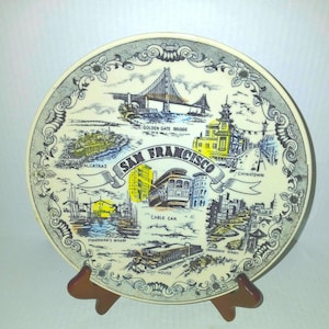 Plato de recuerdo antiguo de San Francisco de 23,5 cm (9 1/4") – Puente Golden Gate, tranvía, Alcatraz, Chinatown – Plato de colección de California