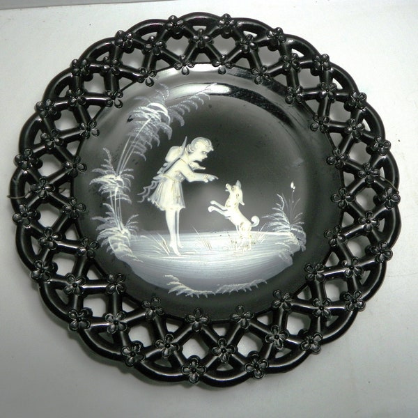 Westmoreland Mary Gregory Black Reticulated Plate Girl with Dog