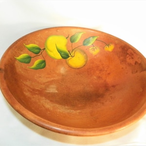 Vintage Handpainted Farmhouse Wooden Bowl with 3 Wooden Ball Feet -Fruit- Cottage - Kitchen - Apple - Pear - Fruit Bowl