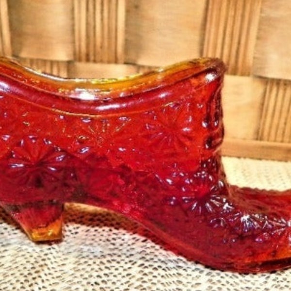 Amberina Daisy and Button Glass Slipper Shoe