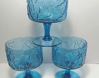 Set of 3 Vintage Mikasa Teal Brocado Wine Glasses – Leaf Pattern Crystal Goblets – 4 3/8" Stemware – Two with Original Stickers