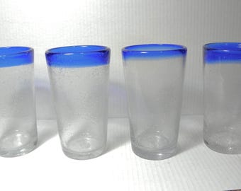 Set of 4 Mexican Blown Glass Drinking Glasses with Cobalt Blue Rims, Hand Blown Bubble Glass Tumblers, Rustic Southwestern Barware