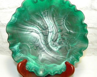 Open Rose Green Slag Imperial Glass-Ohio Crimped Edge Bowl with 3 Feet
