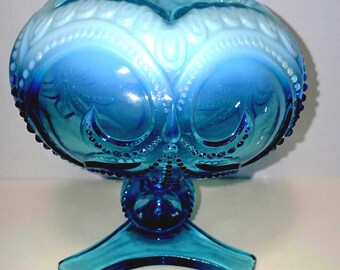 Vintage Jefferson Glass Fleur-de-Lis Rose Bowl Vase | Blue Opalescent Footed Pressed Glass | Beaded Scroll Design | 5 1/4" Tall