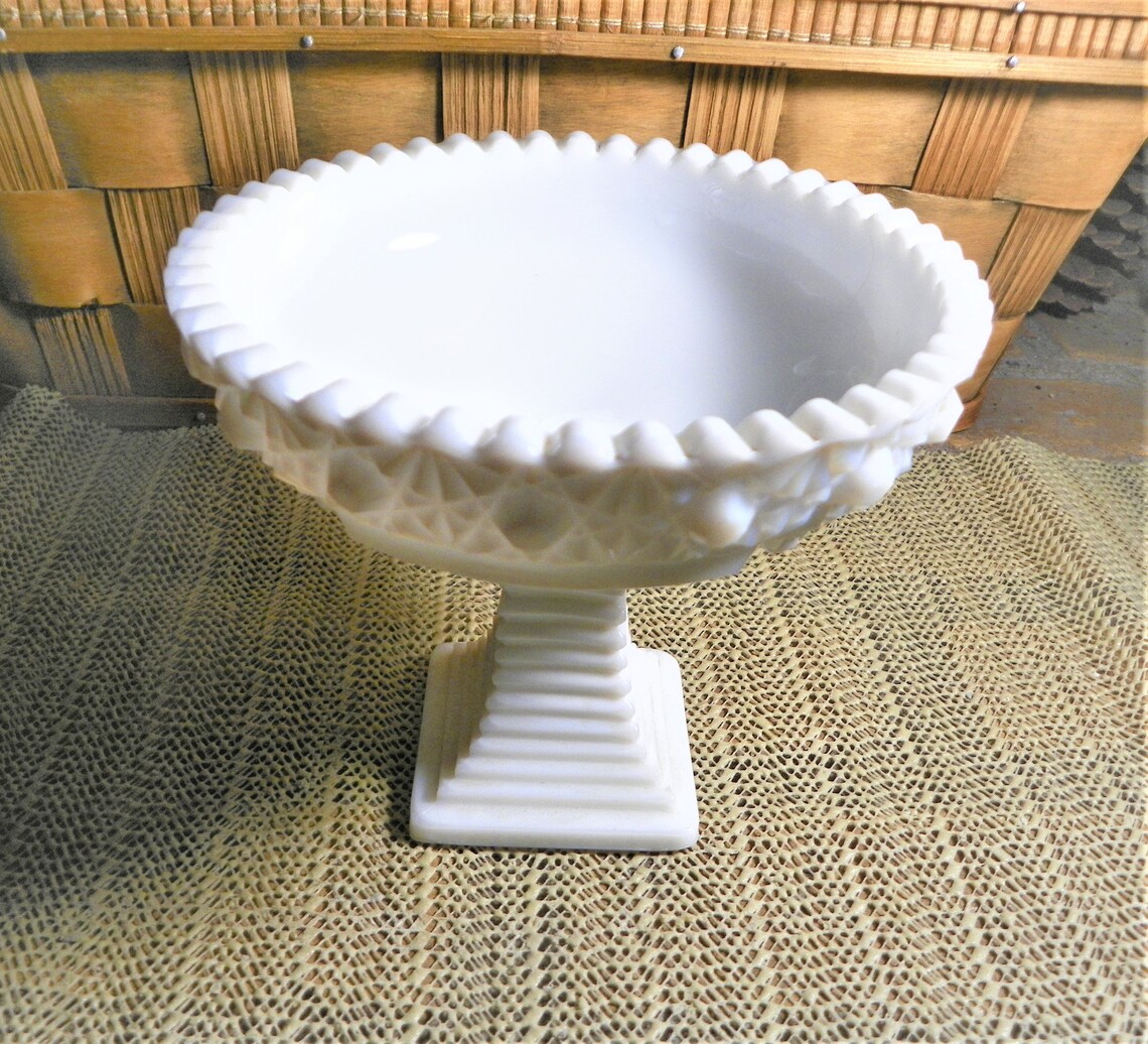 Milk Glass Compote Ribbed Square Pedestal Foot with Fans Etsy