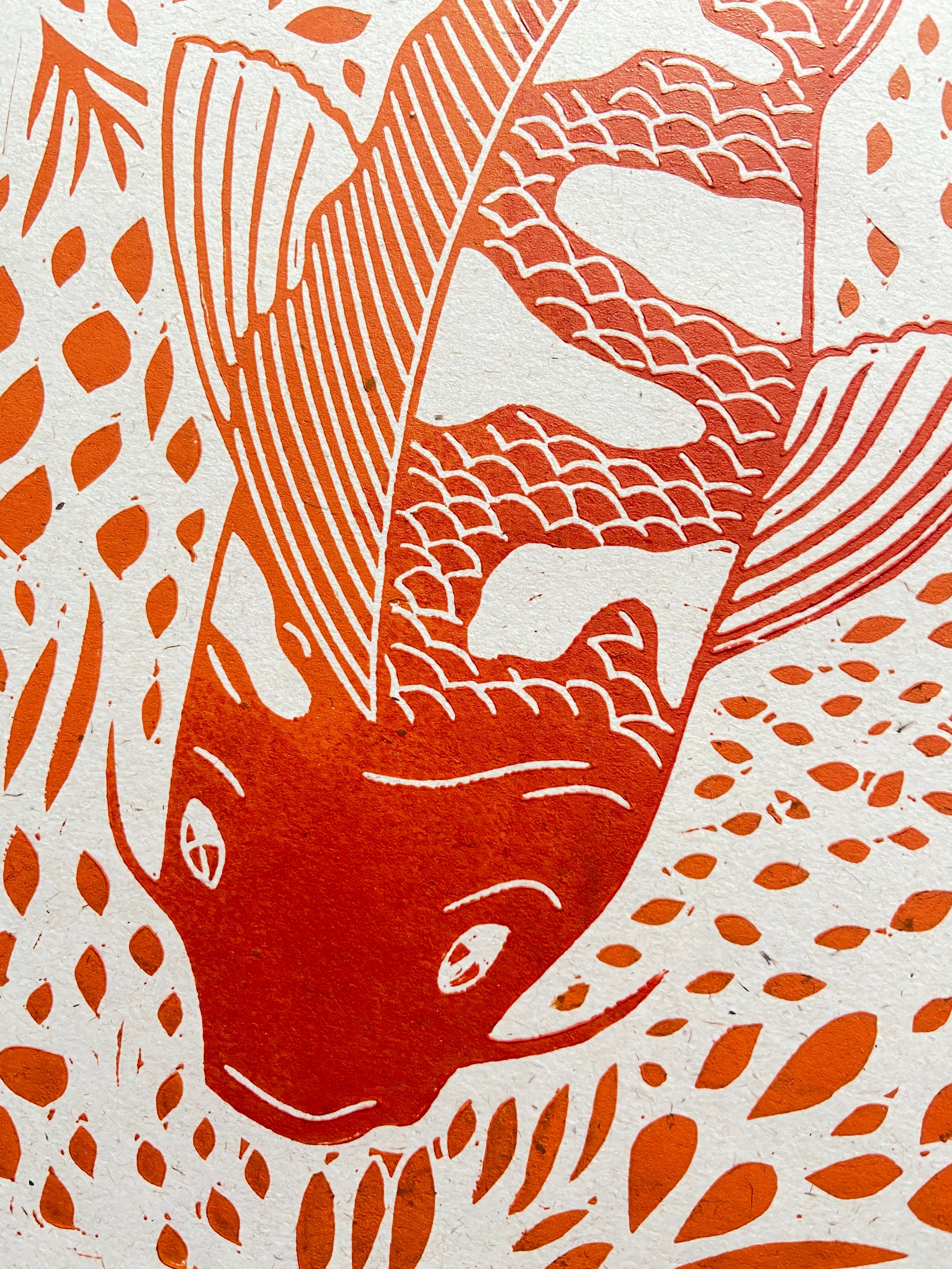 Koi Fish Linocut Handmade Art Print Wall Art Home Decor Etsy