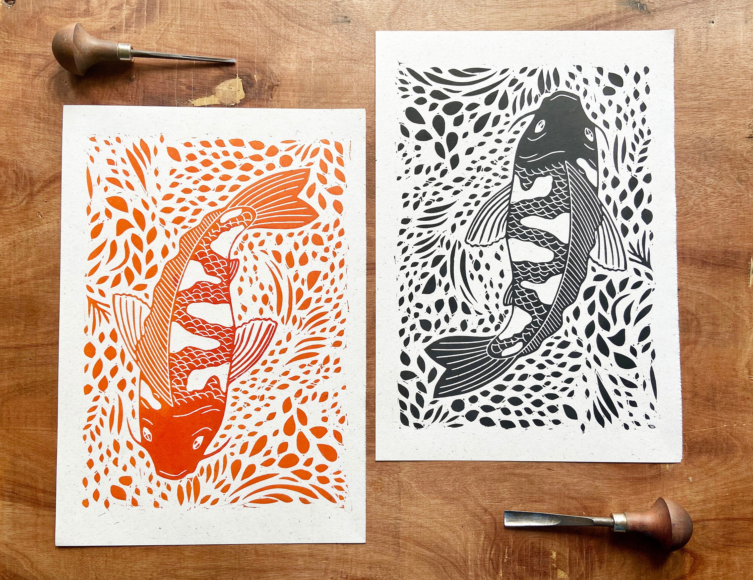 A4 Koi Linocut Print Japanese Fish Black and White Print Etsy
