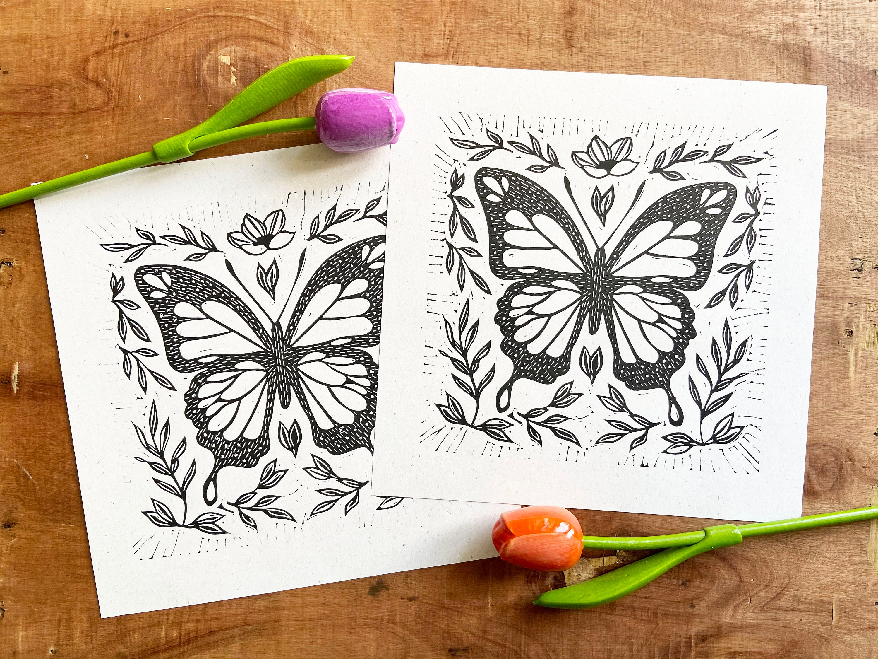 Square 30x30cm Butterfly Linocut Print Monochrome Black & Etsy
