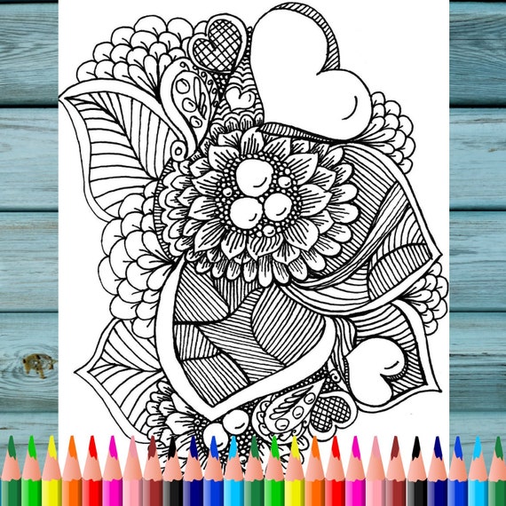 Digital Download Heart Flower Doodle Adult Coloring Page Etsy