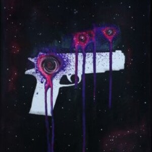 May include: A white handgun with three bullet holes and dripping purple and red paint against a black background with white stars.