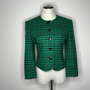 Vintage size 4 cropped blazer JH Collectibles kelly green houndstooth wool jacket cropped 90s