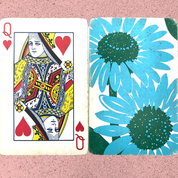 Vintage Queen of Hearts Lot of TWO Swap Cards Flower Power Mod Groovy Junk Journal 60's Playing Cards