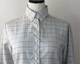 Square One Women's Vintage Button Up Blouse 1980's Pastel Grid, Geek, Normcore