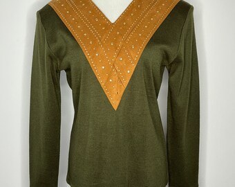 VTG knit top with suede v neck 1970s