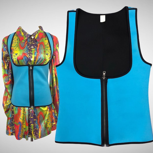 90's Rave Vest, Color Block Blue & Black Neoprene Vest with Thick Zip, Club Kid Corset, Cyber Punk