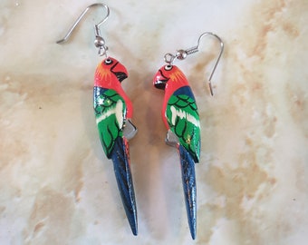 pierced earings 1980s. Wooden birds/parrots, handpainted in a dangle drop design.