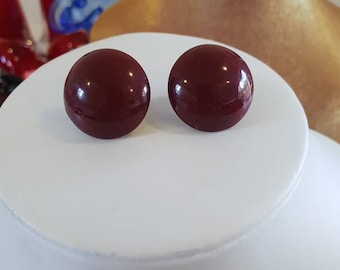 Earings, pierced, 1980's.  Metal covered in a chocolate brown shiney enamel.