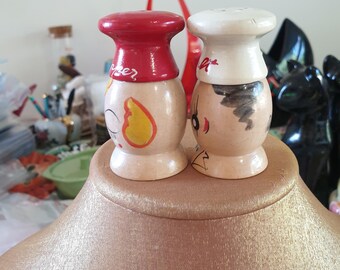 Pepper and Salt Shakers 1950s. Made in Japan. Hand Painted Wooden