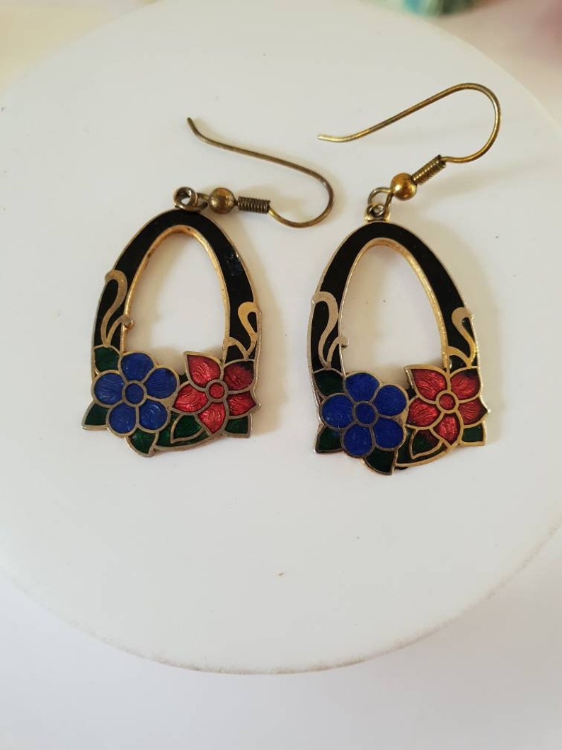 Pierced. redblue flowers Cloisonne enamel earings 1980/'s