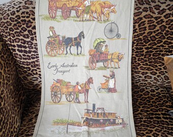 Tea towel 1970s. Early Australian Transport design. By Ross, designed in Australia. Made in Hong Kong.  Linen/cotton blend.