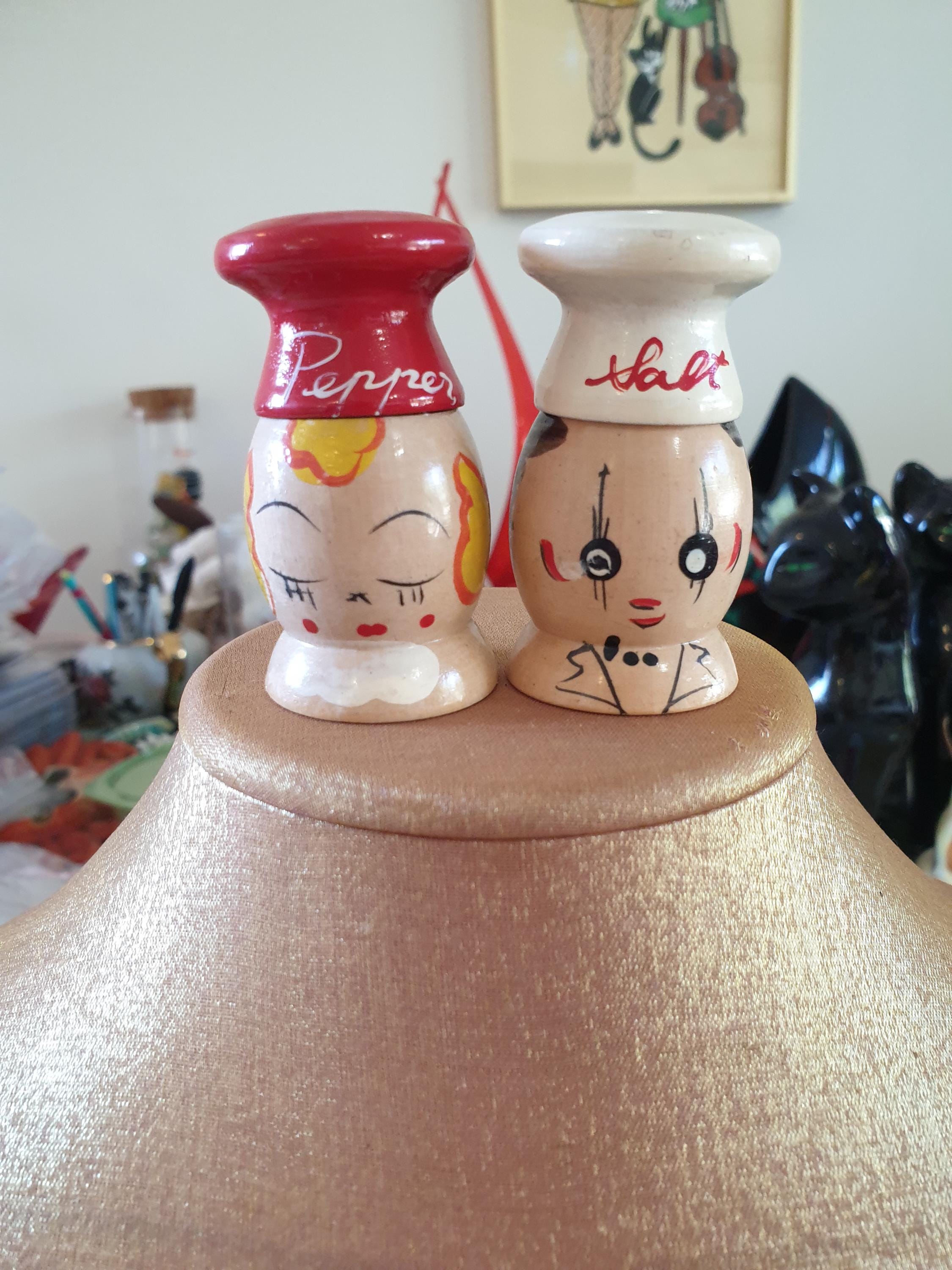 ヴィンテージ　1950s 日本製　陶器　レッドサタン　デビル　ソルト&ペッパー Pepper and Salt Shakers 1950s. Made in Japan. Hand Painted Wooden