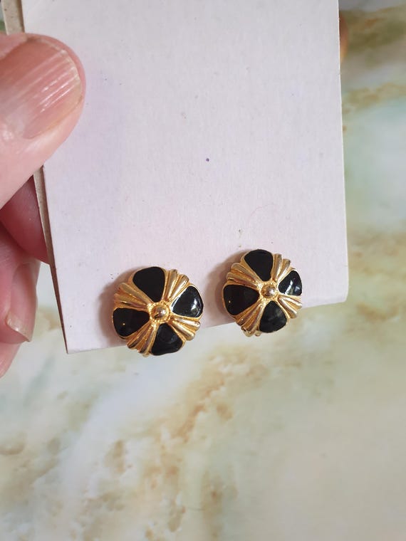 Boucles D'oreilles Clips Vintage Années 80 - Émail Noir Et Or, Alliage, Très Bon état