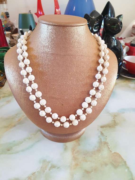 Beaded Necklace 1980s. Long Single Strand of Textured White Round