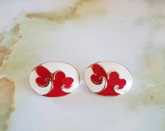 Earings, 1980's pierced.  Goldtone design with red and white enamel work.