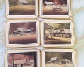 Getränke Untersetzer 1970er Jahre. 6er Set von Jason, hergestellt in Neuseeland. Gestern Design. Korkboden hinterlegt. Im Originalkarton.