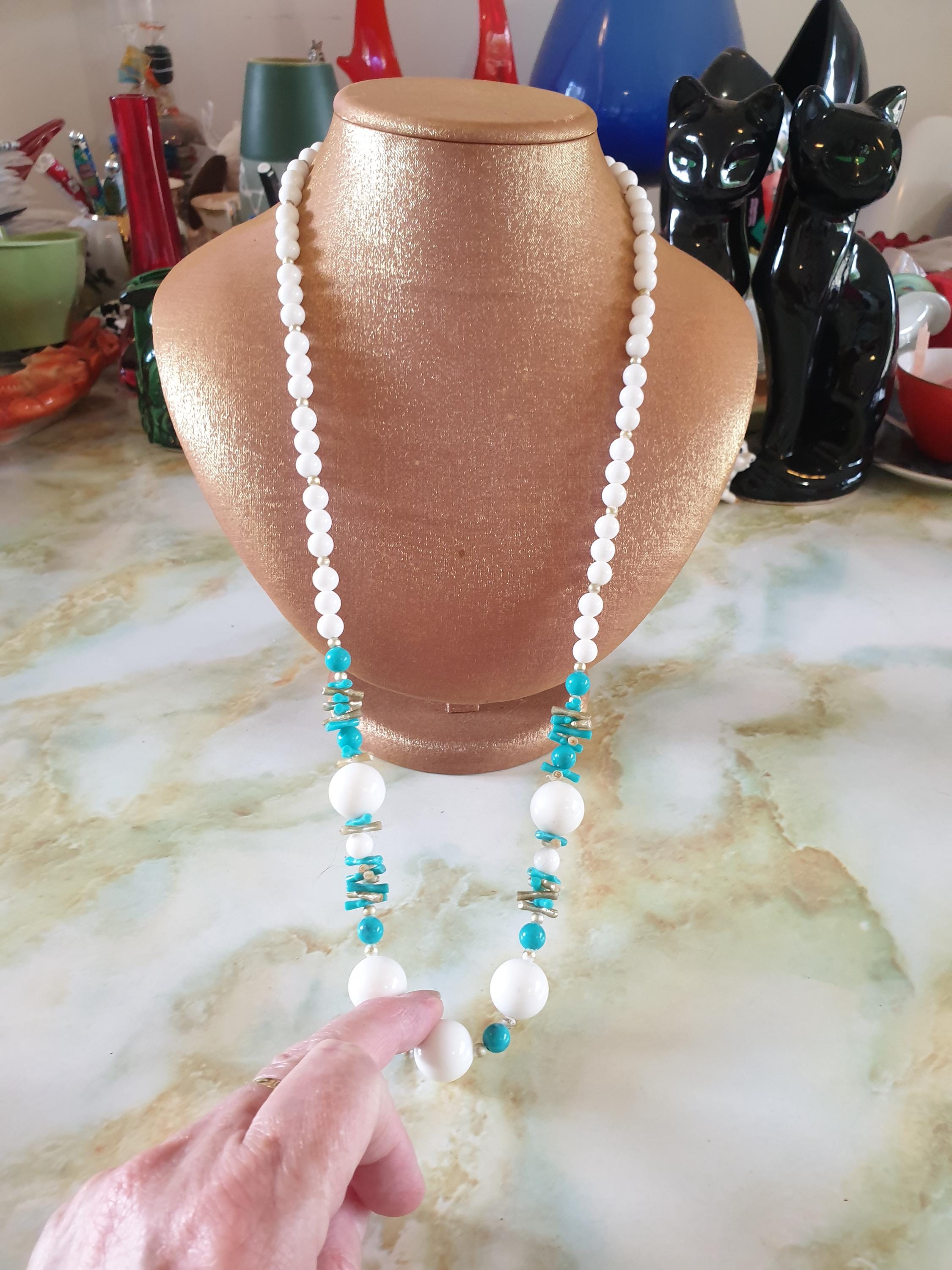 Collier Long Perles Bleu Clair Vintage Années 70 - Très Bon état
