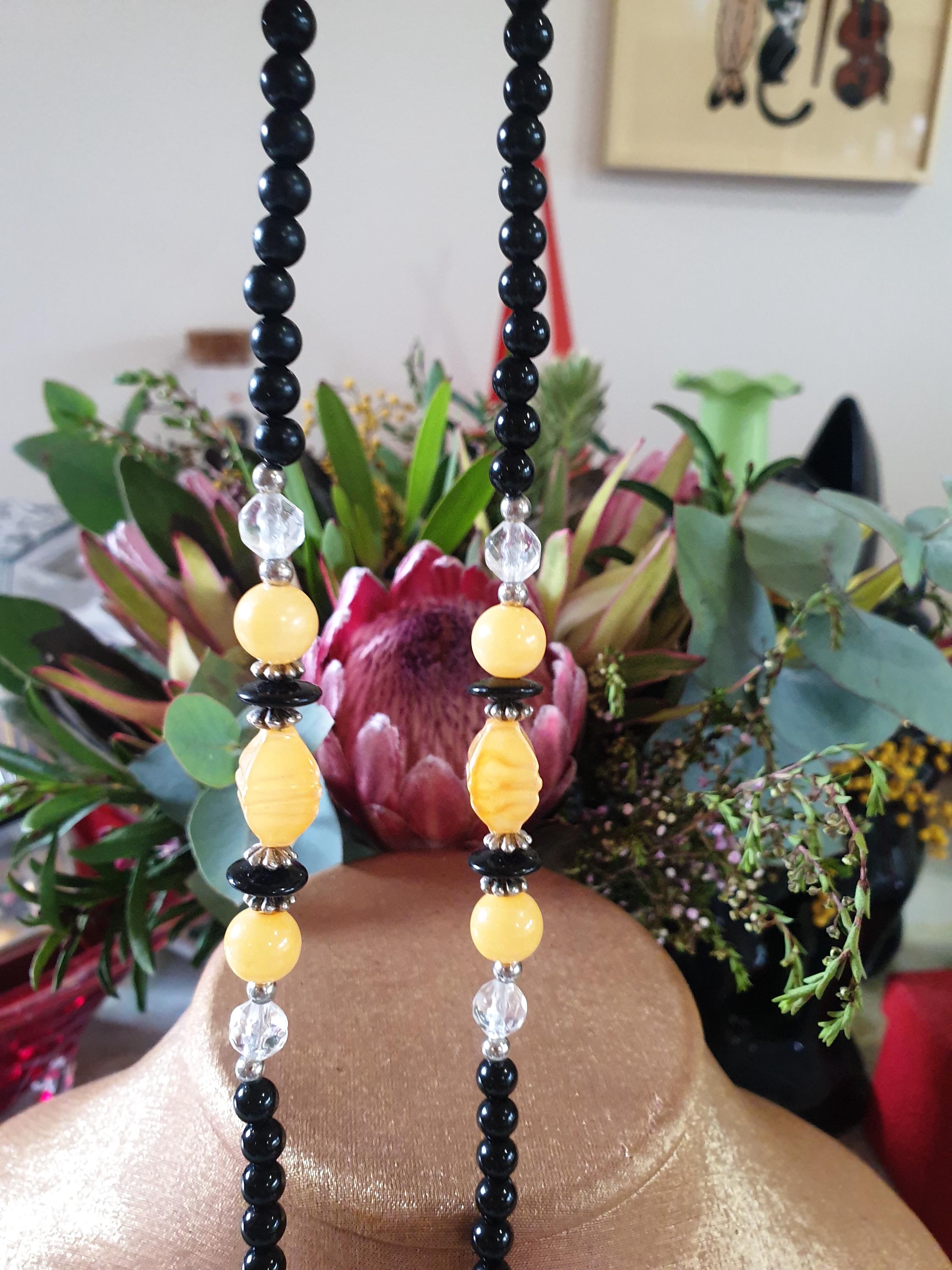 Beaded Necklace 1980s. Long Single Strand of Black/clear/yellow
