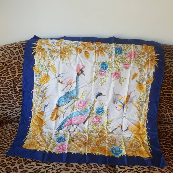 Scarf Gucci 1980s. Silk. Birds and floral design, bordered in navy blue.