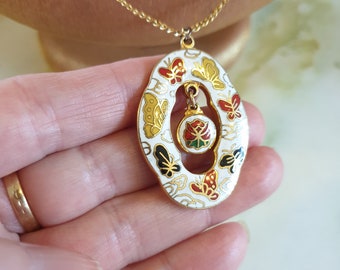 Collier Médaillon Vintage Années 70 - Doré à Fleurs Oranges En émail