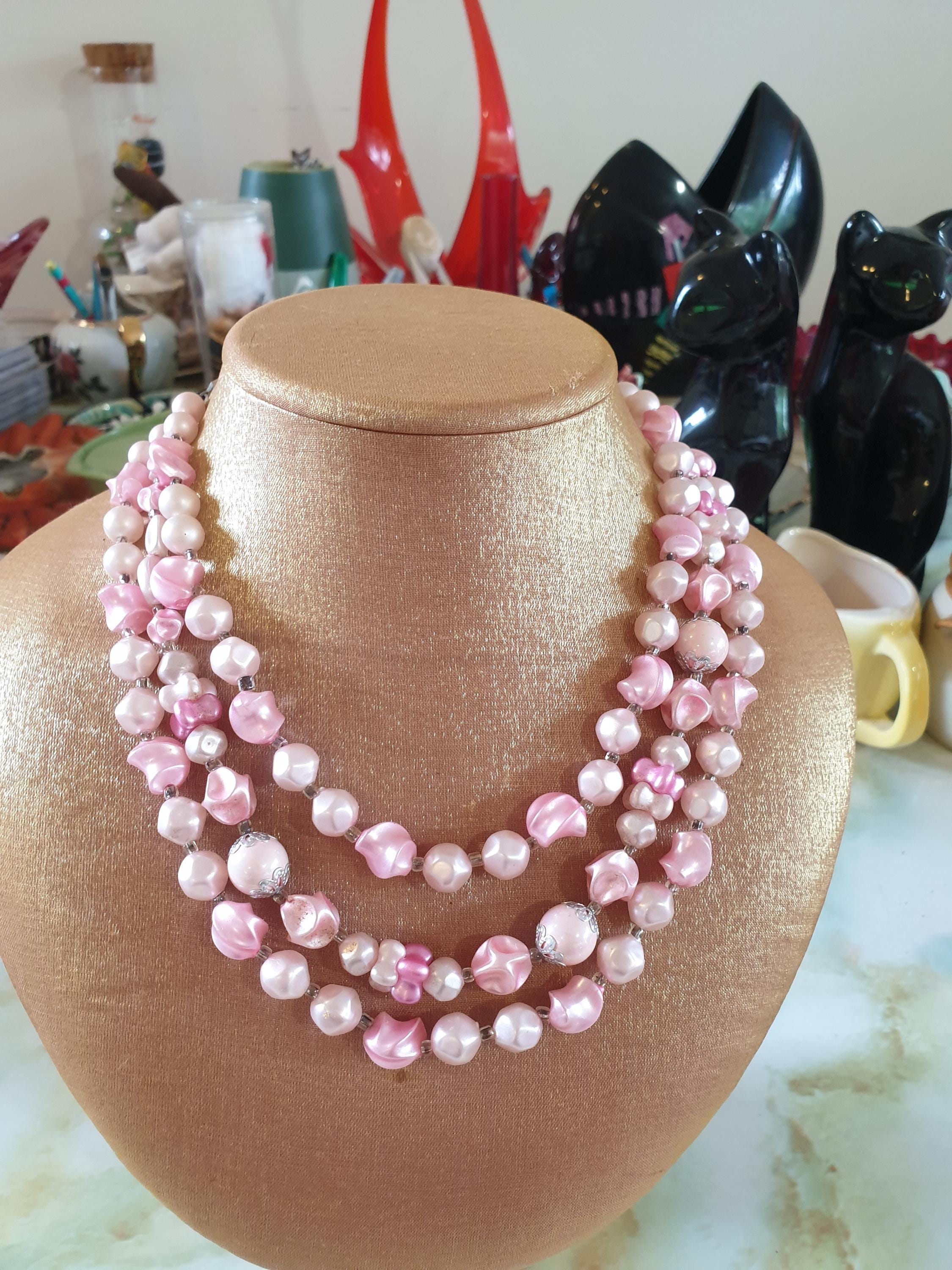 Collier 3 Rangs Perles Nacrées Et Noires - Fermoir Orné Perles Vintage, Longueur 46-60cm