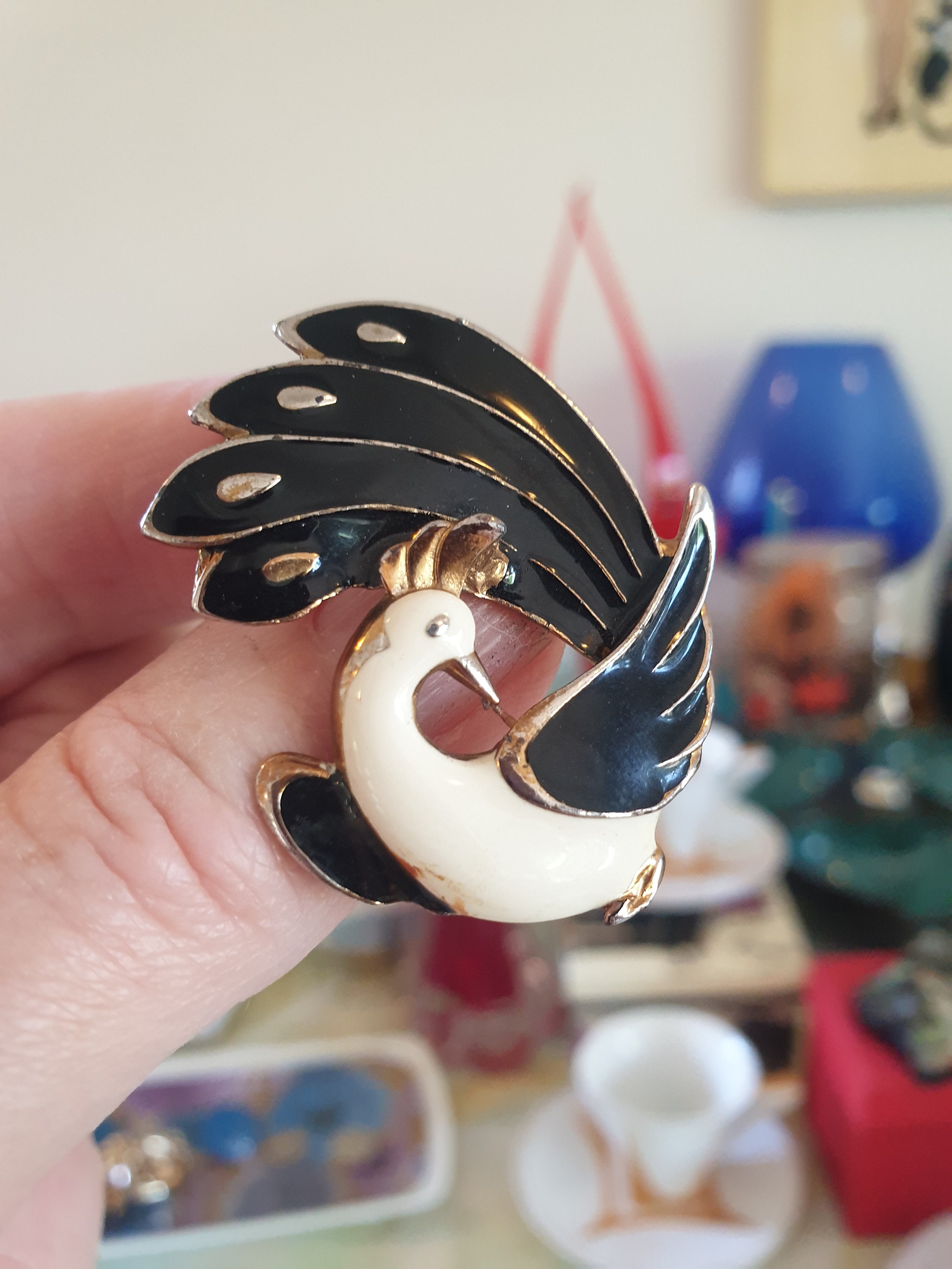 Broche Vintage Années 1950 - Deux Oiseaux, Métal Patiné Doré Et Noir