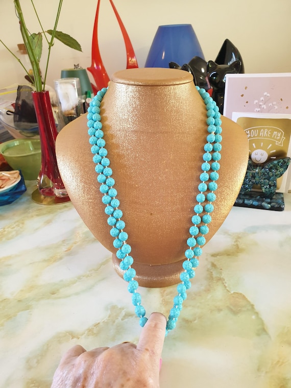 Long Beaded Necklace 1980s. Single Strand of Textured Round Blue 