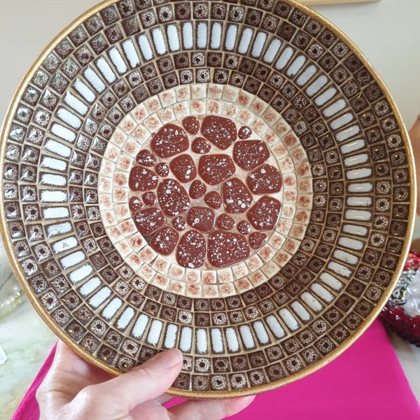 Bowl 1960s, large. Gold bowl adorned with brown/white/cream tiles in a mosaic style design.