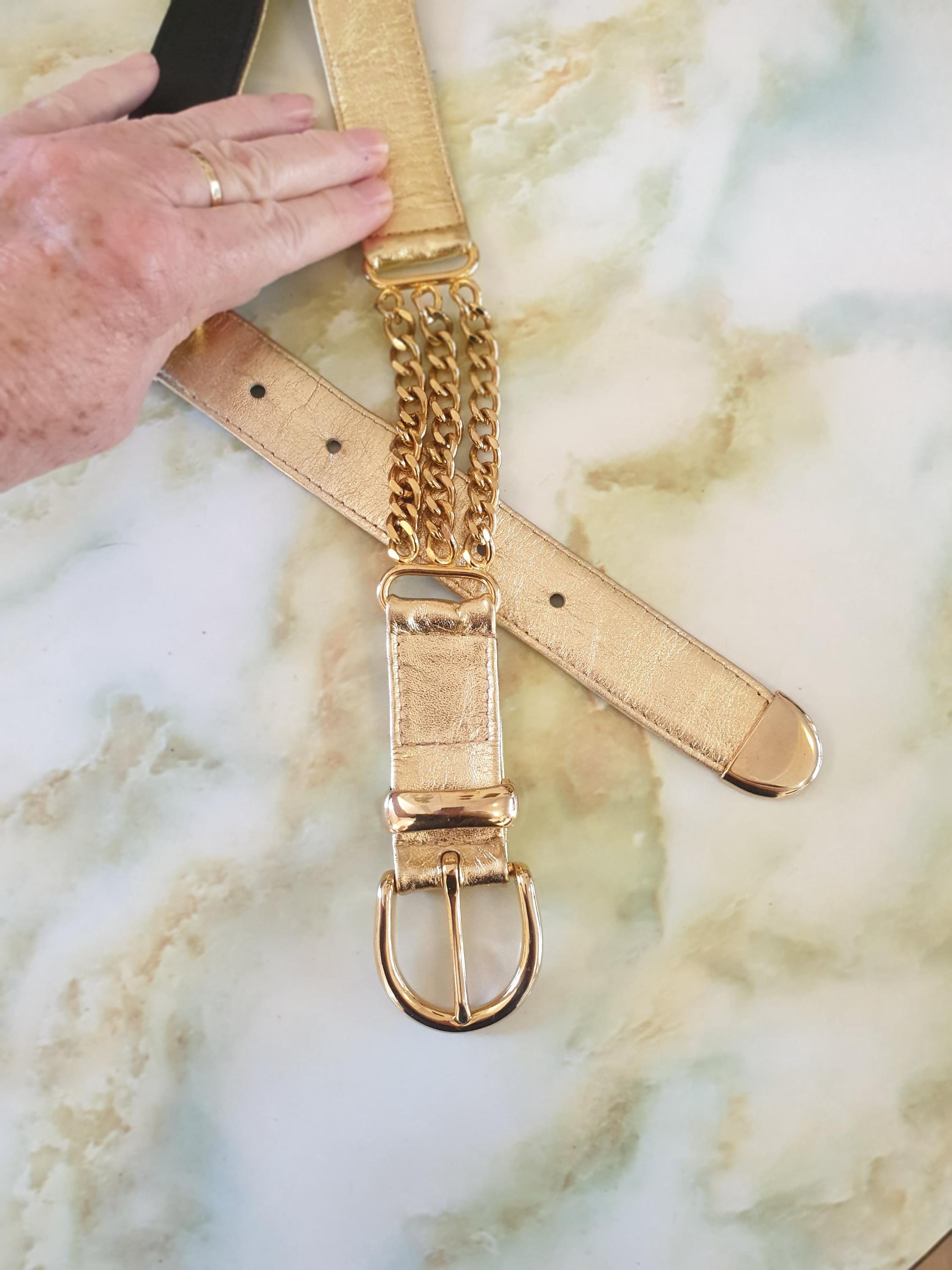 Womans Belt 1980s. Gold Faux Leather, With 3 Strands of Gold 