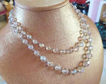 Collier Vintage 2 Rangs Perles Cristal Aurore Boréale - Modèle DN3025 - Occasion Bon état