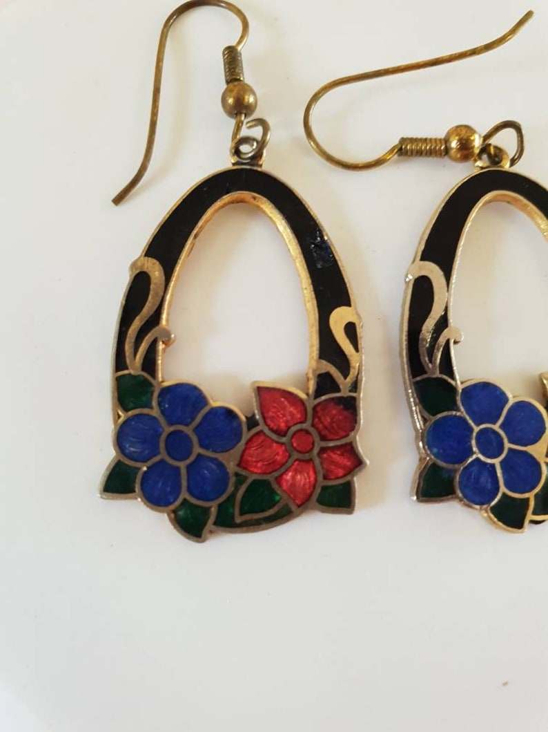 Pierced. redblue flowers Cloisonne enamel earings 1980/'s