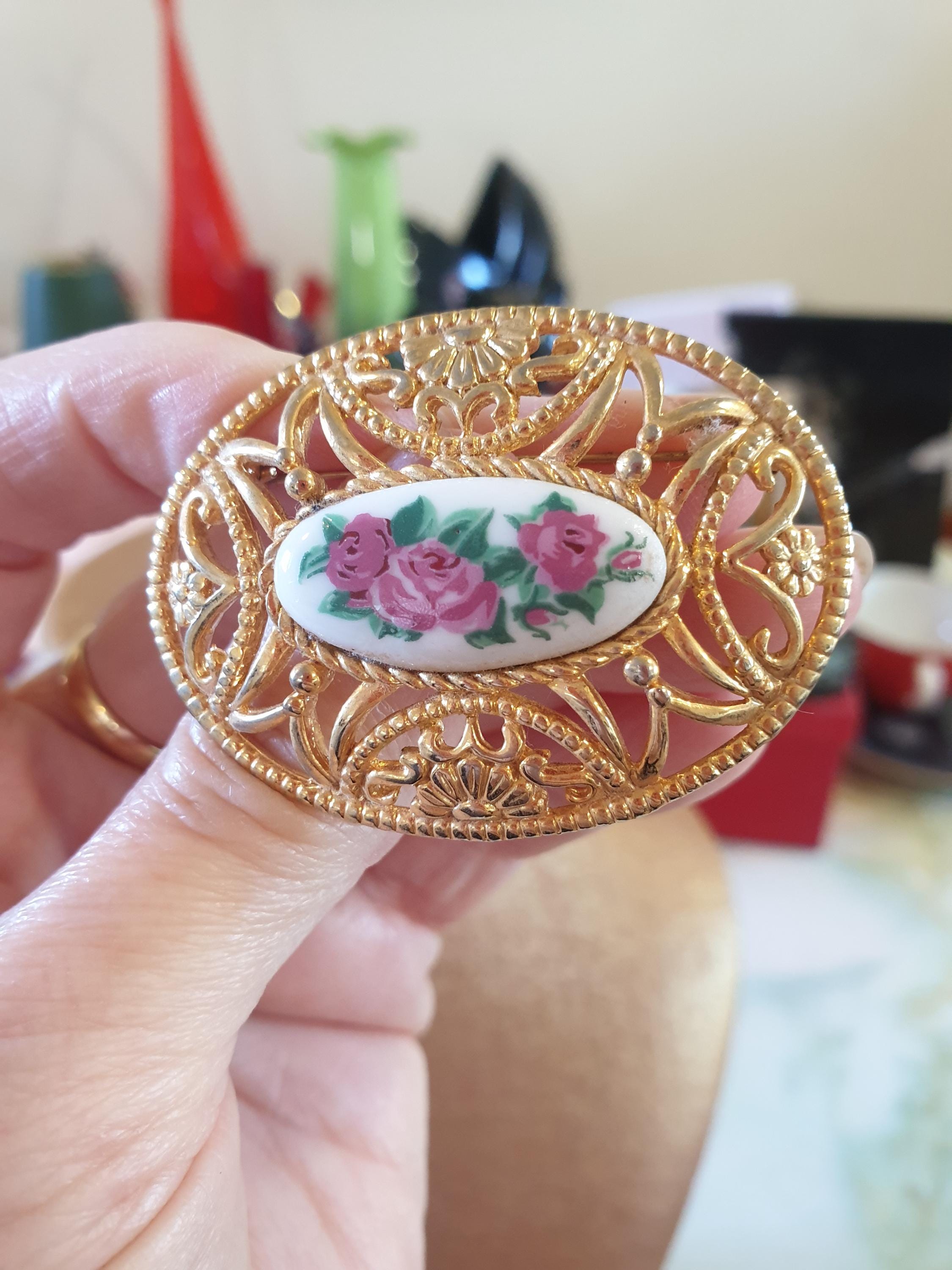 Broche Fleur Rose Vintage Années 70/80 - Émail Bordeaux/violet, Dorée, élégante