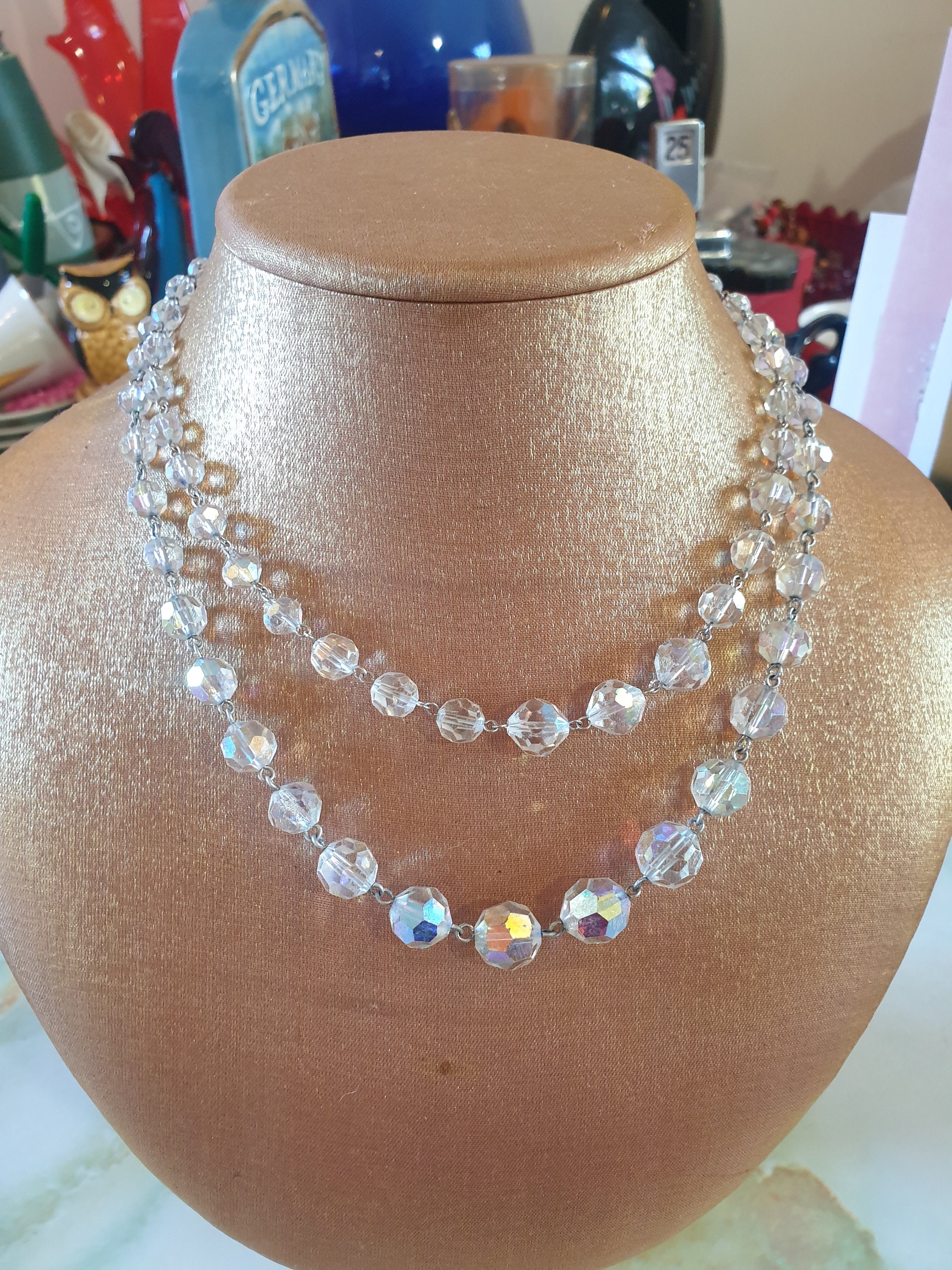 double strand belt / necklace. Clear faceted beads and bronze hardware ? Crystal Beads Double-Strand Necklace 001-235-00245  main image 4
