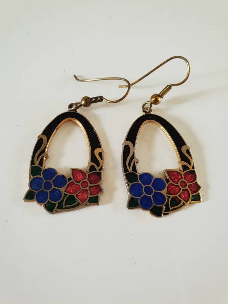 Pierced. redblue flowers Cloisonne enamel earings 1980/'s