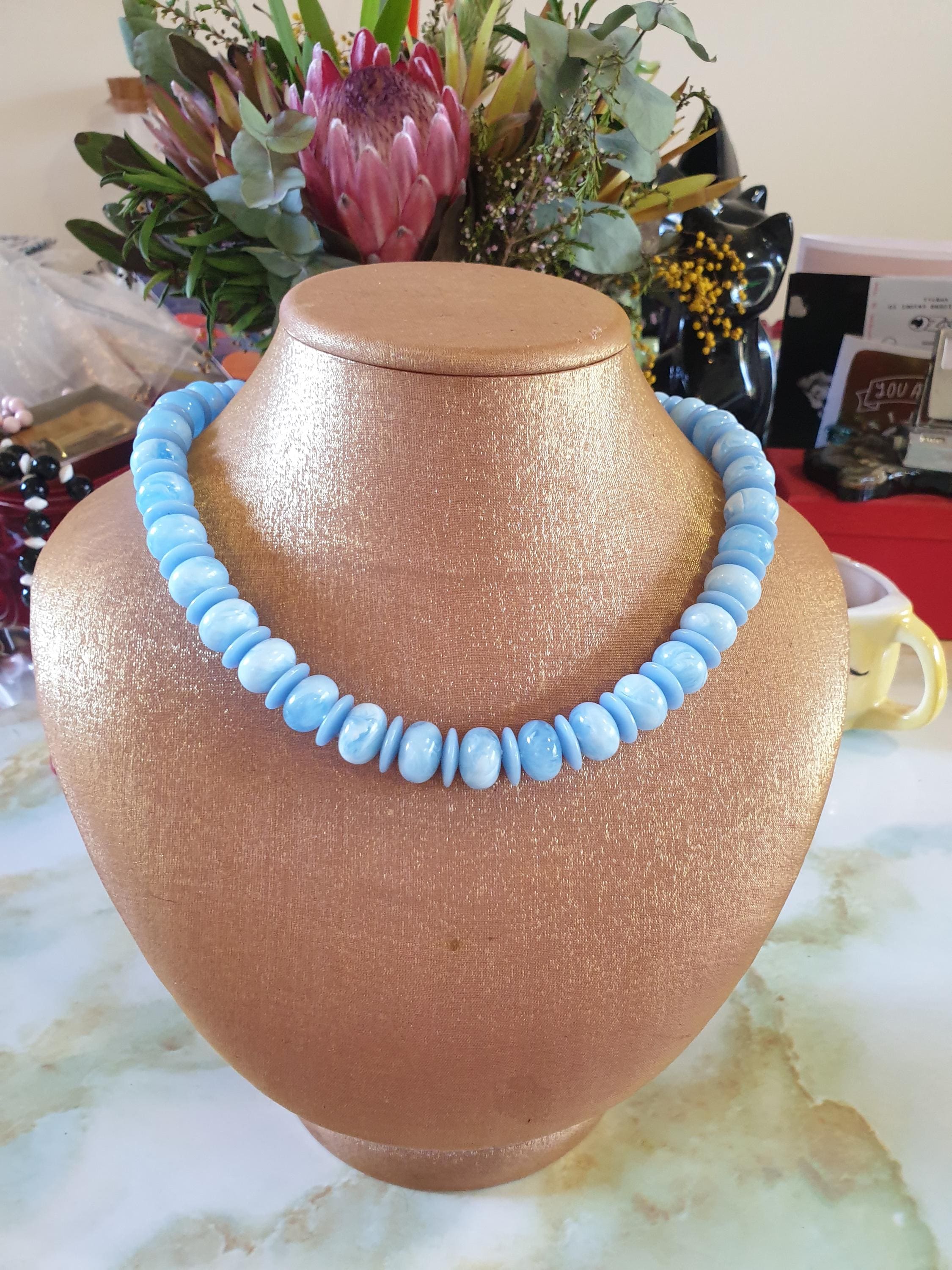 Beaded Necklace 1980s. Single Strand of Blue Acrylic Round/disc