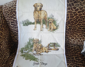 Tea towel 1970s. Guide Dogs design. By Ross, designed in Australia.  Made in Hong Kong.  Linen/cotton blend.