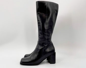 black leather square toe knee high boots