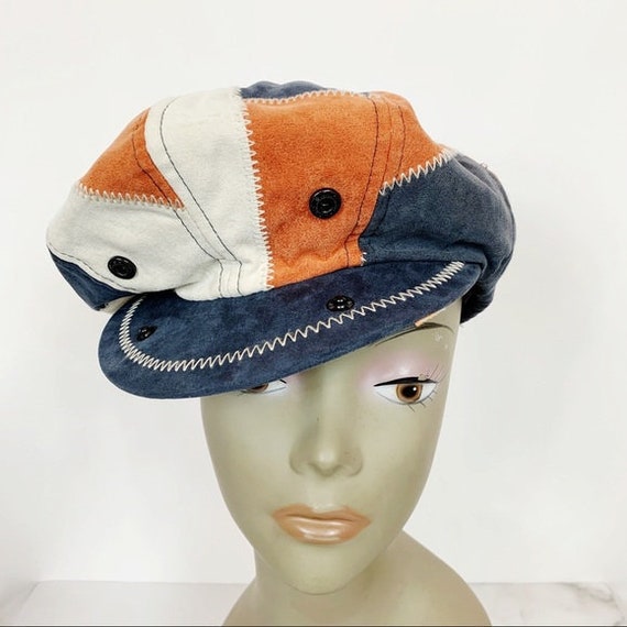 Vintage 70s Patchwork Suede Leather Newsboy Hat