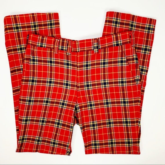 Vintage Men's Red Check Plaid Wool Flare Trousers